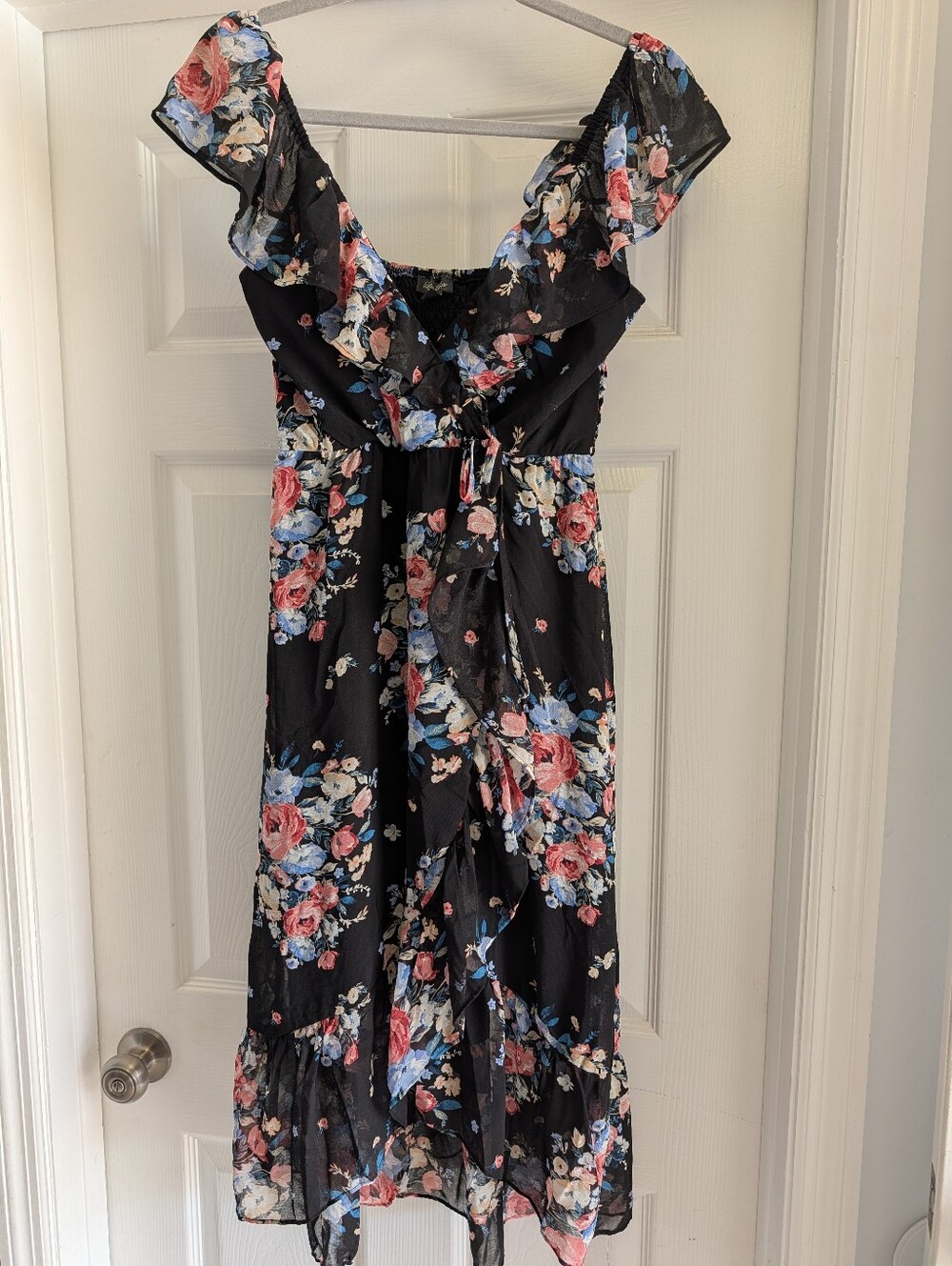 Lily Rose Black Floral Ruffle V-Neck Midi Dress - Stretch Summer Boho S